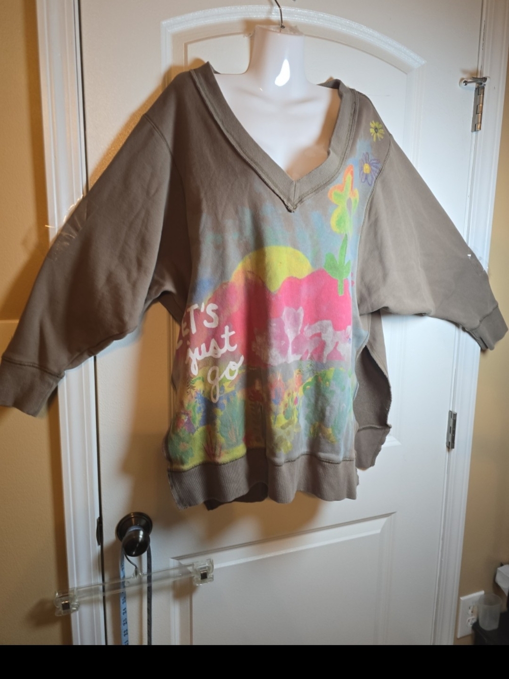 HTF taupe brown oversized v-neck Womens sweatshirt "Let's just go" S-M